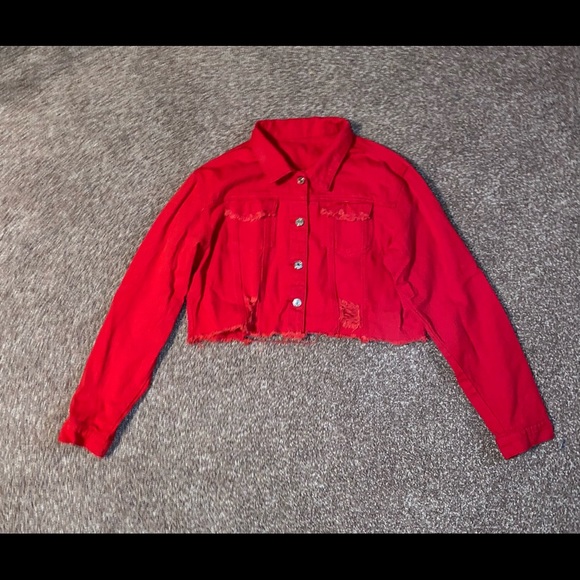 Red Oversized Distressed Crop Jacket - Picture 1 of 3